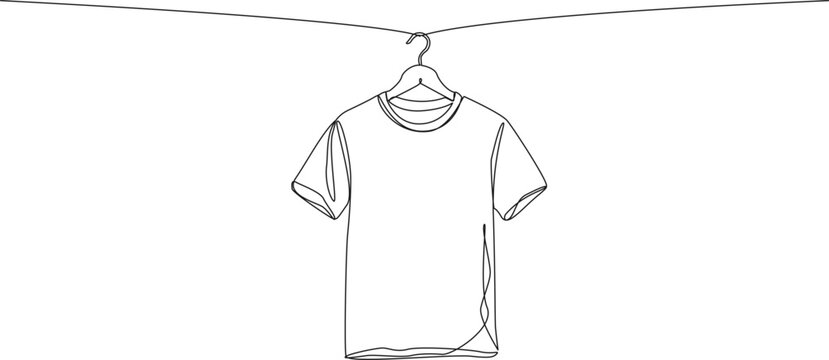 continuous line drawing of a t-shirt hanging on a clothesline on a hanger, minimalist line art vector illustration