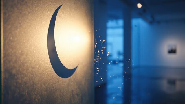 Sparkling light reflects off a wall featuring a crescent moon design in a modern art gallery with polished floors and soft blue lighting creating an inviting atmosphere