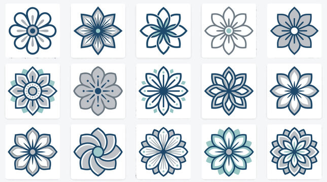 Set of blue geometric floral mandala symbols.