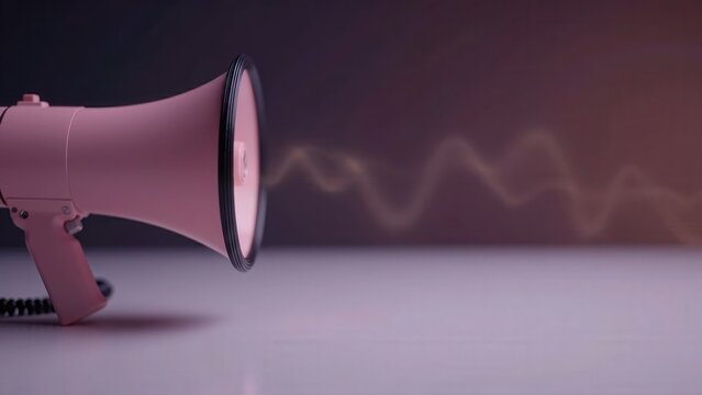 Pink megaphone positioned on a smooth surface emits sound waves represented by light lines against a dark background, creating a visually engaging communication scene
