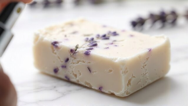 Close-up of lavender-infused soap bar with visible droplets on surface, showcasing texture and floral elements against a marble background with soft lighting
