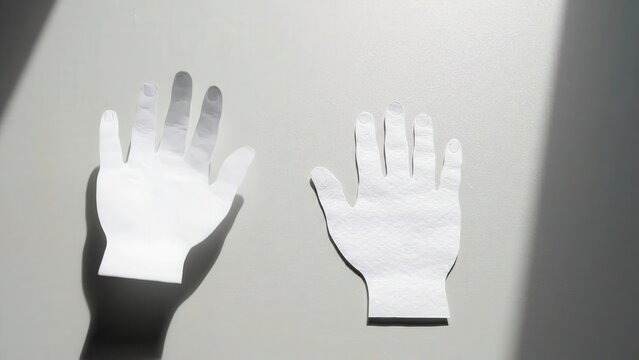 Two paper hand cutouts positioned on a light gray surface, showcasing gradual changes in finger details and shadows across three sequential frames
