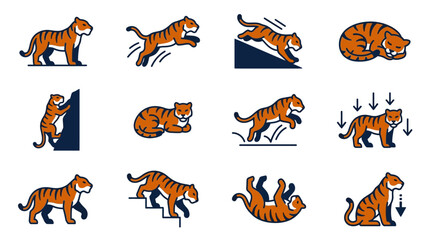 Tiger mascot character icons in various active poses. © gudangPIXEL