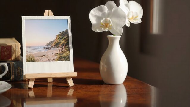 Elegant still life featuring a framed photograph of a coastal scene, a white orchid in a vase, and a vintage book on a polished wooden table