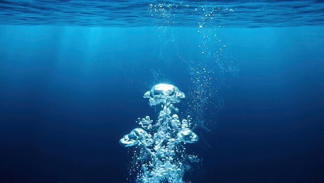 Bubbles rising through clear blue water in an underwater scene, showcasing the continuous flow and movement of air bubbles towards the surface