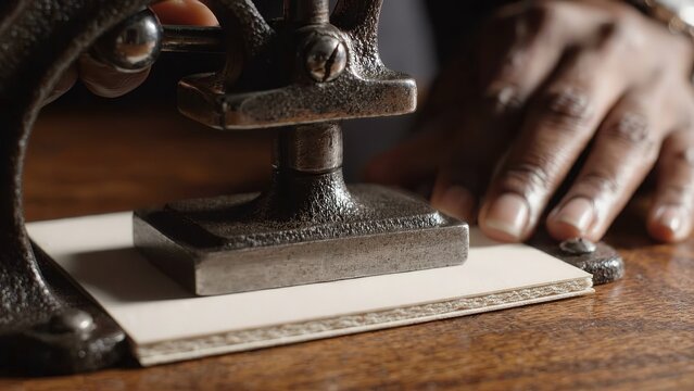 Hand pressing a seal onto a cream-colored card using a vintage metal press on a wooden table, showcasing the intricate design and craftsmanship of the seal