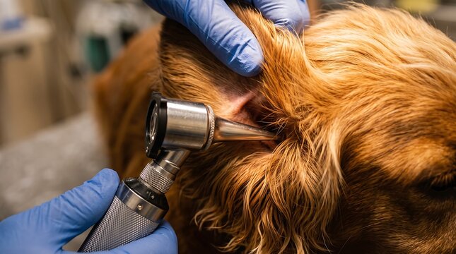 Veterinarian examining dog ear with otoscope. Vet checking pet health in clinic.