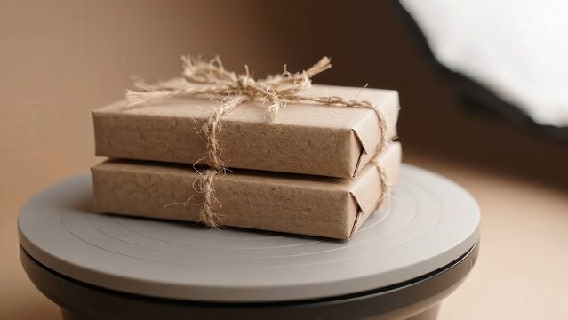 Two stacked brown gift boxes tied with twine rotate on a gray turntable against a soft brown background, showcasing their textured wrapping and neat presentation