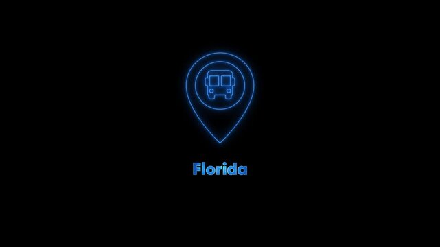 Florida bus travel neon sign animation: public transportation map marker concept