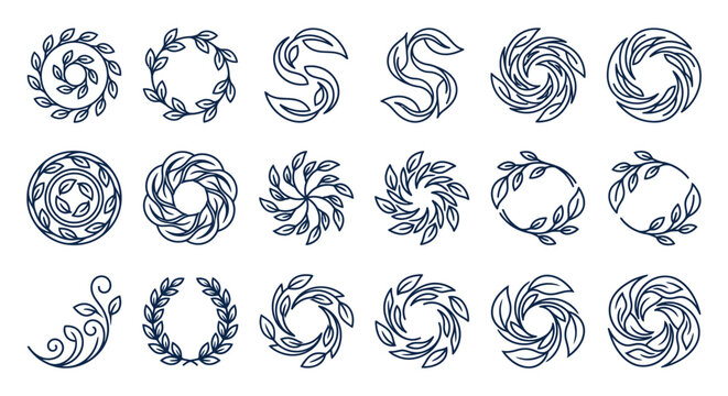 Set of circular laurel and vine wreath icons.