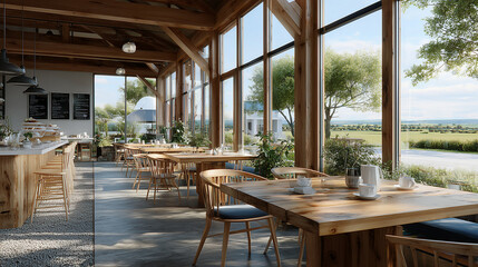 Fototapeta premium Interior view of a modern, stylish, and cozy coffee shop or small restaurant. with minimalist decor, concepts related to hospitality, urban lifestyle, modern architecture, small business, and leisure.