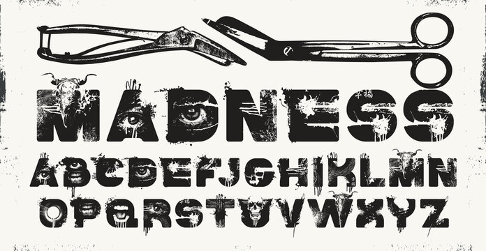 A vector font for word images Madness with a bull and human skull, stripes, and surgical instrument scratches. Capital letters. Theme: horror, grunge, and urbanism. Madness, post-apocalypse