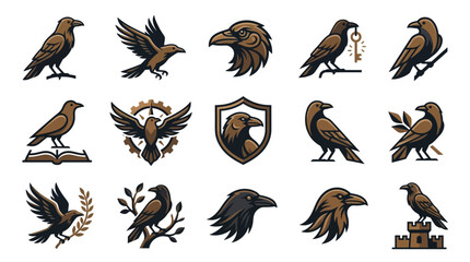 Obraz premium Black raven and crow mascot logo and emblem illustrations.