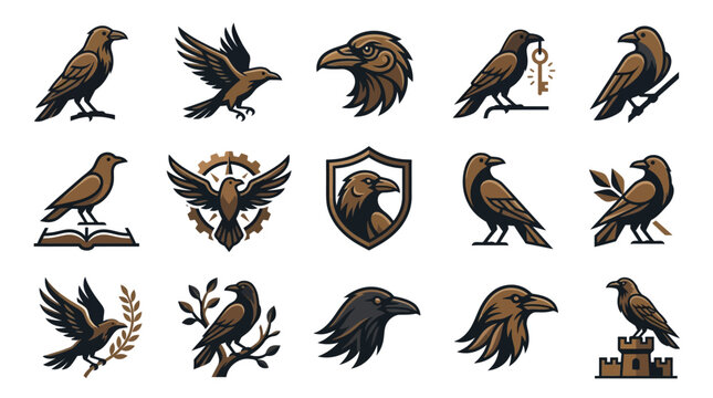 Black raven and crow mascot logo and emblem illustrations.