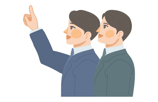 笑顔で上を指さす会社員の男性と、指された方向を笑顔で見上げるもう一人の会社員の男性のイラスト