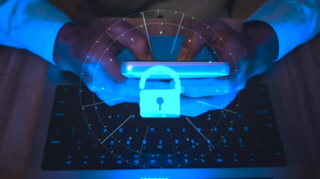 Mand typing on smartphone with holographic padlock icon, circular digital network and encrypted data concept for cybersecurity protection, secure access, data encryption, information security defense