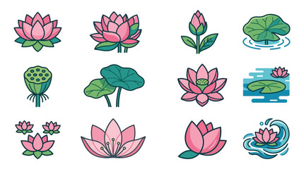 Pink lotus flower and green lily pad icons. © gudangPIXEL