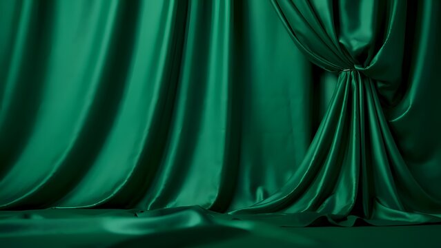 Emerald green draped curtains a 3d rendered fabric composition