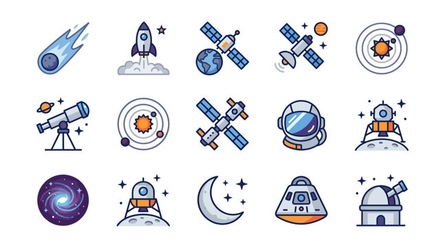 Outer space and astronomy exploration icon set.