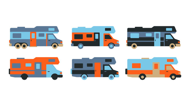 Collection of Six Modern RV Motorhomes in Various Colors.