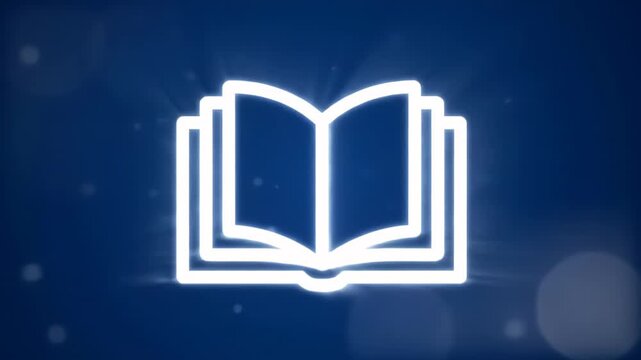 Glowing white outline of an open book icon centered on a dark blue background with floating dust particles, soft light rays, and ethereal bokeh effects for education and learning.