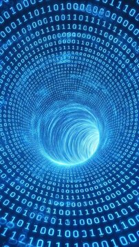 Binary code tunnel with glowing blue light. Moving through digital data stream in vertical video.