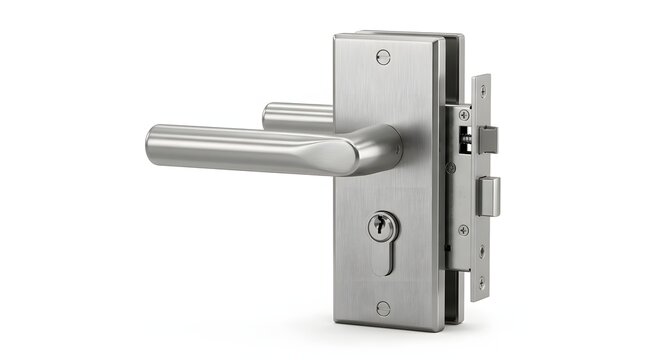 Modern stainless steel mortise door lock with lever handle on white.