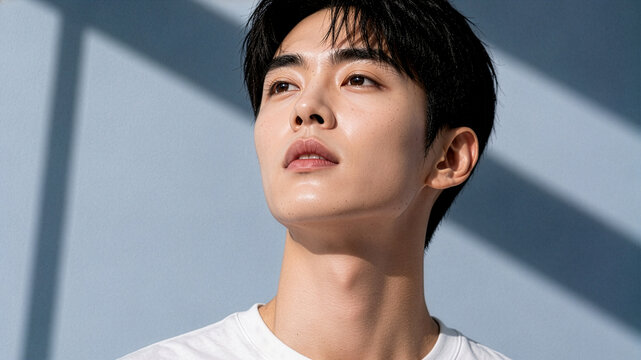 Portrait of young Korean man looking up against blue wall with window shadow