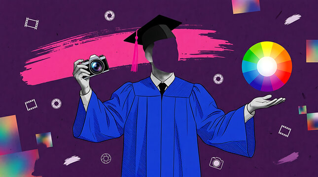 Graduate holding camera and color wheel concept for creative arts and design education with graduate creative photography education university academic innovation spectrum learning