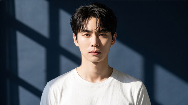 Portrait of young Korean man in white t-shirt against dark blue wall with dramatic window shadow
