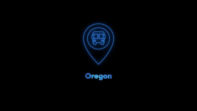 Oregon bus travel neon sign animation: public transportation route map location marker