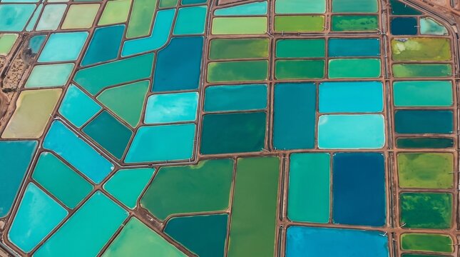 Straight Down Aerial Abstract of Copper Heap Leach Ponds Forming a Dense Mosaic of Turquoise Teal and Lime Basins Separated by Rust Brown Earth Berms Mining Industry