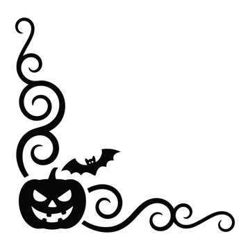 Halloween Swirl Corner Decorative Border elements, with Bats and Pumpkin silhouettes, elegant vines designed for invitation greeting cards

