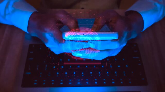 Man using smartphone with digital biometric fingerprint scanner security protocol, authentication of identity information for cyberspace privacy protection, cyber crime unauthorized access warning