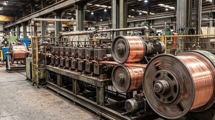 Fototapeta premium Copper Wire Drawing Line With a Row of Die Blocks Feeding Bright Strands Onto Motion Blurred Spinning Capstans and Large Wound Spools in a Factory Wire Manufacturing Industry