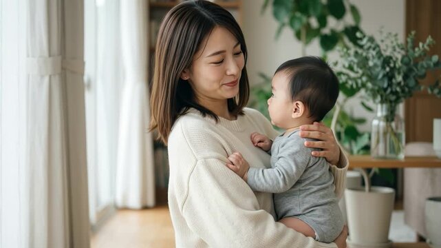 赤ちゃんを抱っこして愛おしそうに見つめカメラに笑いかける女性