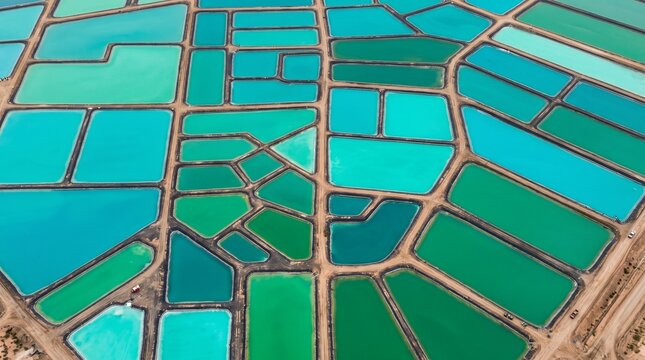 High Aerial View of a Sprawling Copper Leach and Tailings Pond Complex With Angled Turquoise and Jade Cells Radiating From a Central Sand Berm Junction Mining Industry