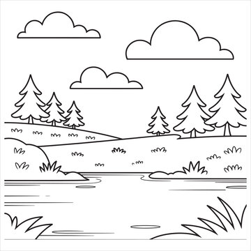 Black and white coloring page featuring a peaceful nature landscape with pine trees clouds and a calm lake