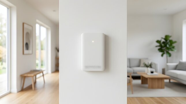Smart home hub sensor mounted on white interior wall for indoor monitoring.