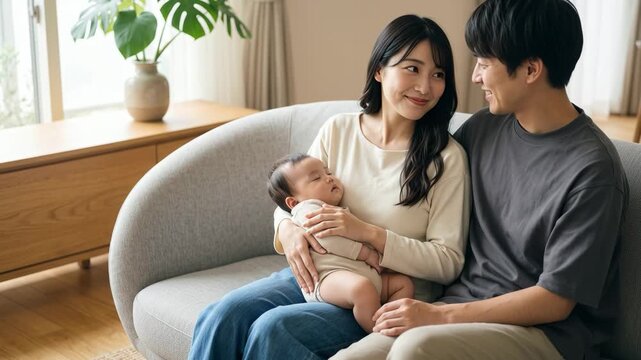 ソファで寝ている赤ちゃんを夫と優しく見守り幸せそうに笑いかける女性