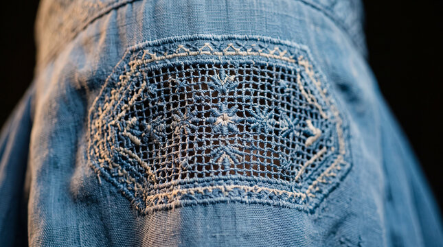 Macro Shot of Traditional Hand-Embroidered Mesh Face Veil on a Blue Burqa, Detailed Fabric Texture and Handicraft Concept, Afghan woman in traditional blue burqa