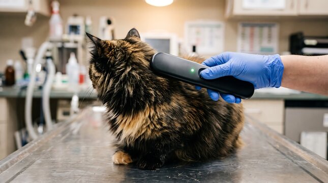 Veterinarian scanning a cat with microchip reader. Pet health check at animal clinic.