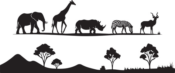 African safari animal silhouettes. Wild savanna wildlife icons on a white background. © Gfx