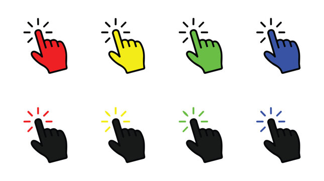 Collection of eight cursor hand icons with radiating lines indicating a click action in various vibrant colors including red yellow green and blue