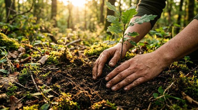 Hands planting sapling in forest, environmental conservation concept