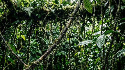 Fototapeta premium Lush green rainforest canopy with hanging vines and mossy branches