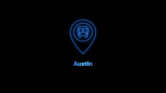 Austin bus station neon sign animation public transportation travel map location texas