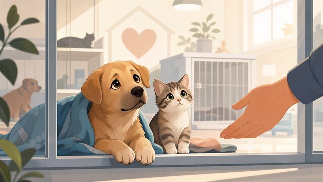 Puppy and kitten in animal shelter. Homeless pets waiting for adoption at rescue center.