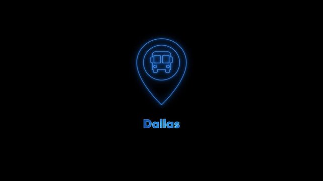 Neon dallas bus station map pointer animation public transportation travel concept texas