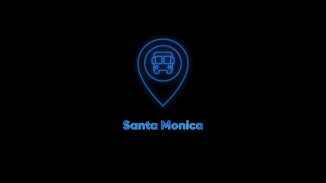 Santa monica bus stop neon sign animation: glowing travel location marker